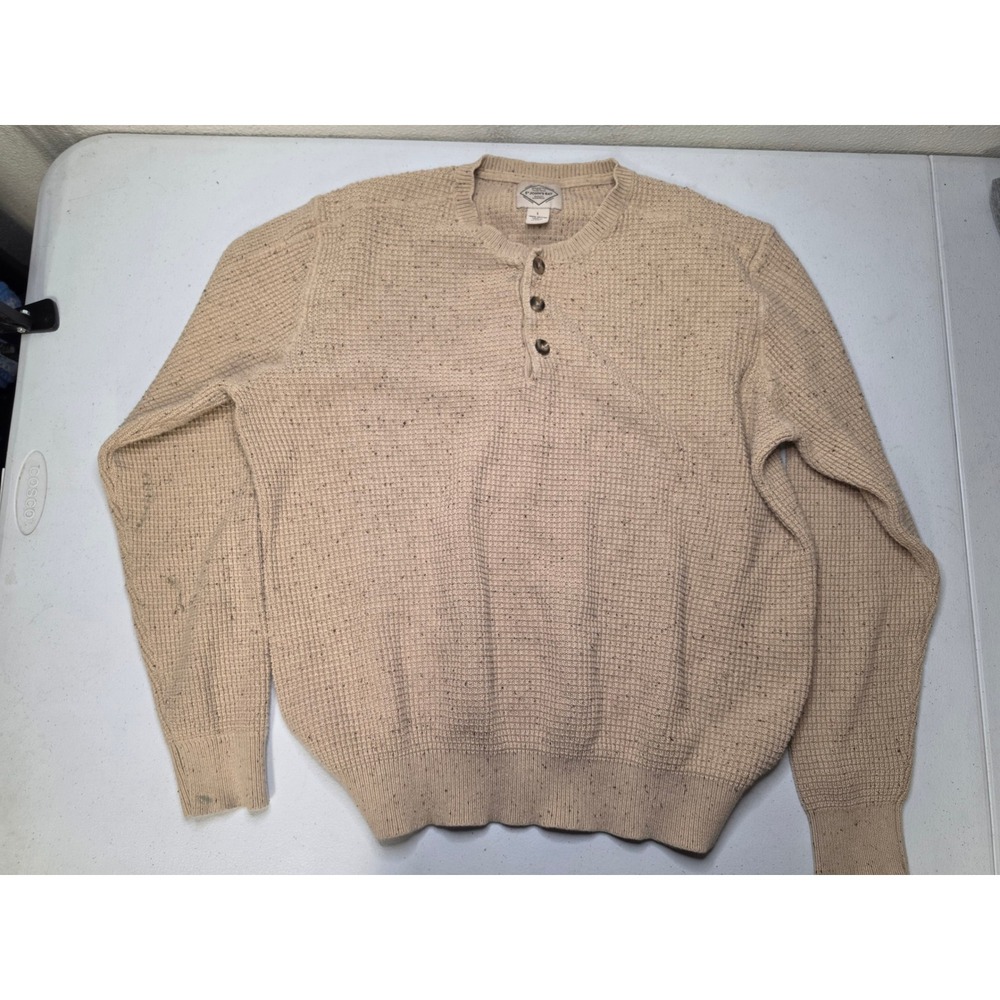 St Johns Bay Mens Large Waffle Knit Henley Sweater Beige Cotton Speckled Top